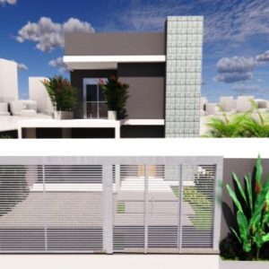 Desenho 3D de jardim em fachada residencial com diversas floreiras predominantemente verdes