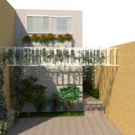 Desenho 3D de jardim em fachada residencial com floreiras e trepadeiras em pergolados