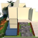 Desenho 3D de jardim em fachada residencial com palmeiras e outras plantas em diversas cores
