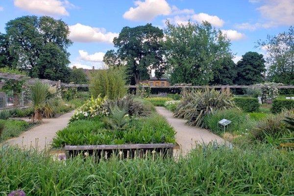 Foto de jardim do Kew Gardens com diversas floreiras com folhagens, árvores e arbustos