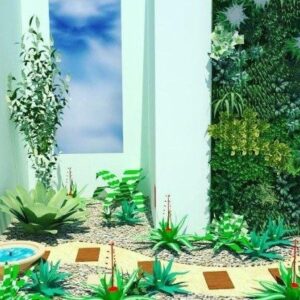 Desenho 3D de jardim de inverno com jardim vertical, vasos suspensos e outras plantas no piso