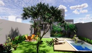 Desenho 3D de jardim residencial em piscina com gramado, árvore e outras plantas e cadeiras